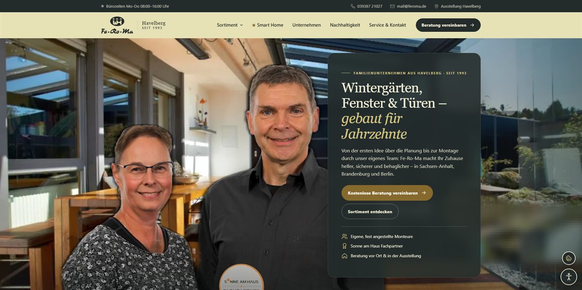 Neue Startseite von Fe-Ro-Ma Havelberg mit Foto der Inhaber und Beratungsbox