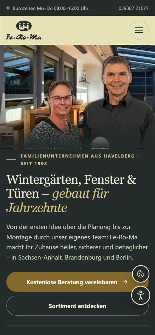 Mobile Ansicht der Fe-Ro-Ma Startseite