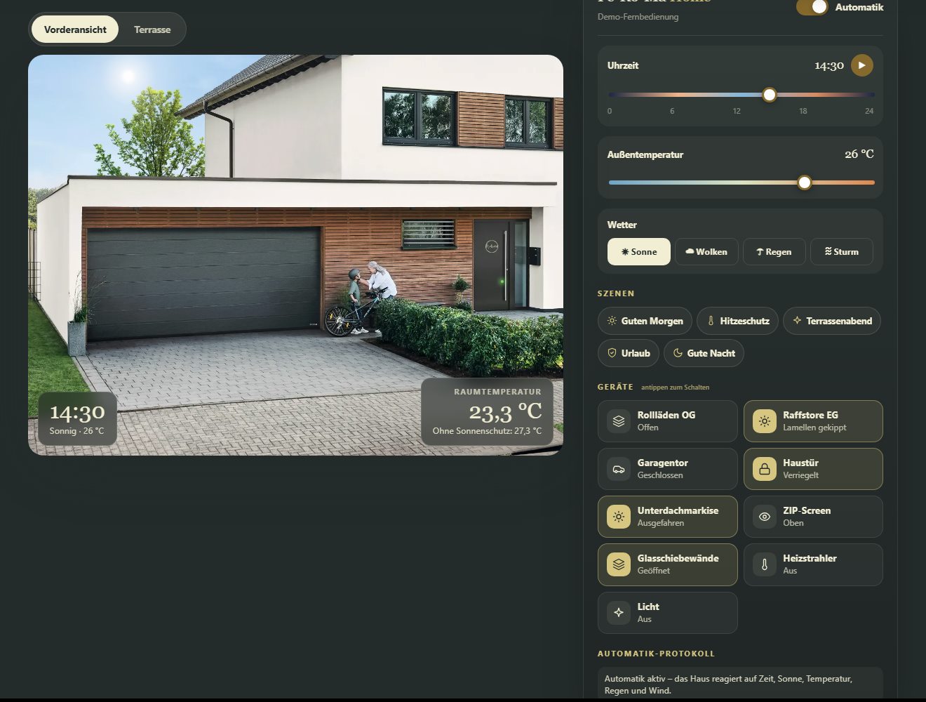 Interaktives Smart-Home-Musterhaus mit Fernbedienung für Uhrzeit, Wetter, Szenen und Geräte